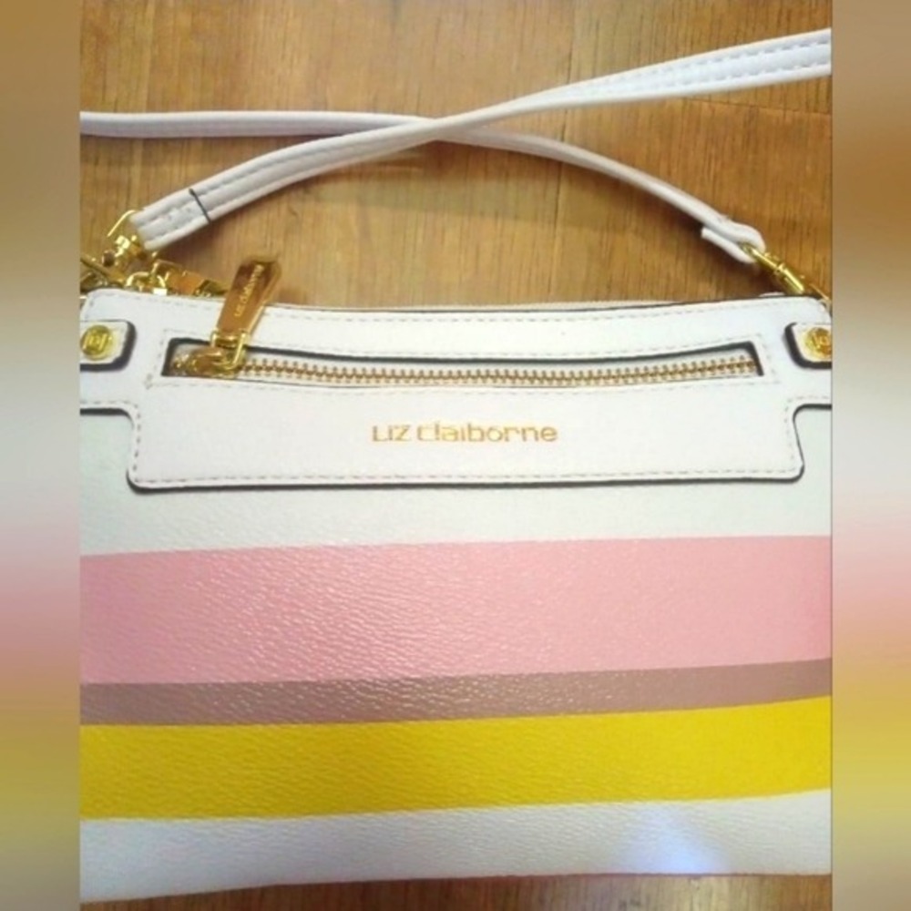 Liz Claiborne Striped Crossbody Bag White Pink Yellow Gold Hardware Small Purse